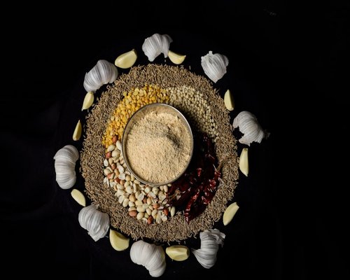 Traditional healthy indian spices and lentils flat lay